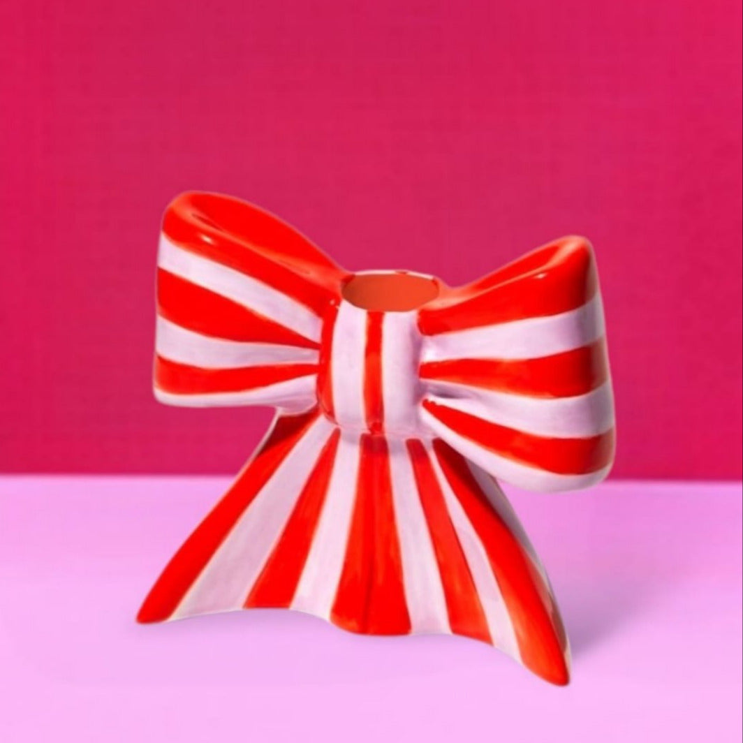 Striped Bow Taper Candle Holder - Large Boxed - Candle