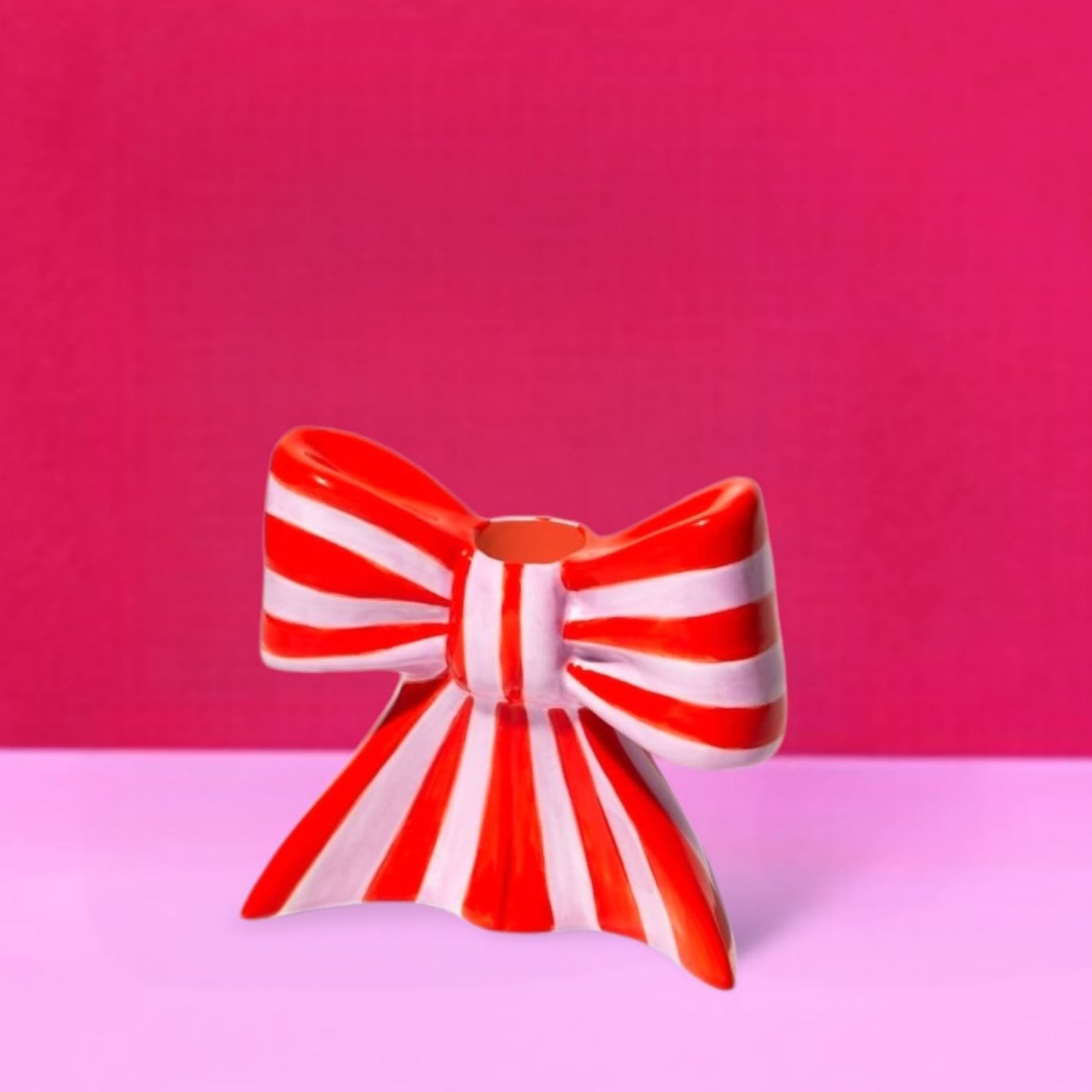 Striped Bow Taper Candle Holder - Large Boxed - Candle