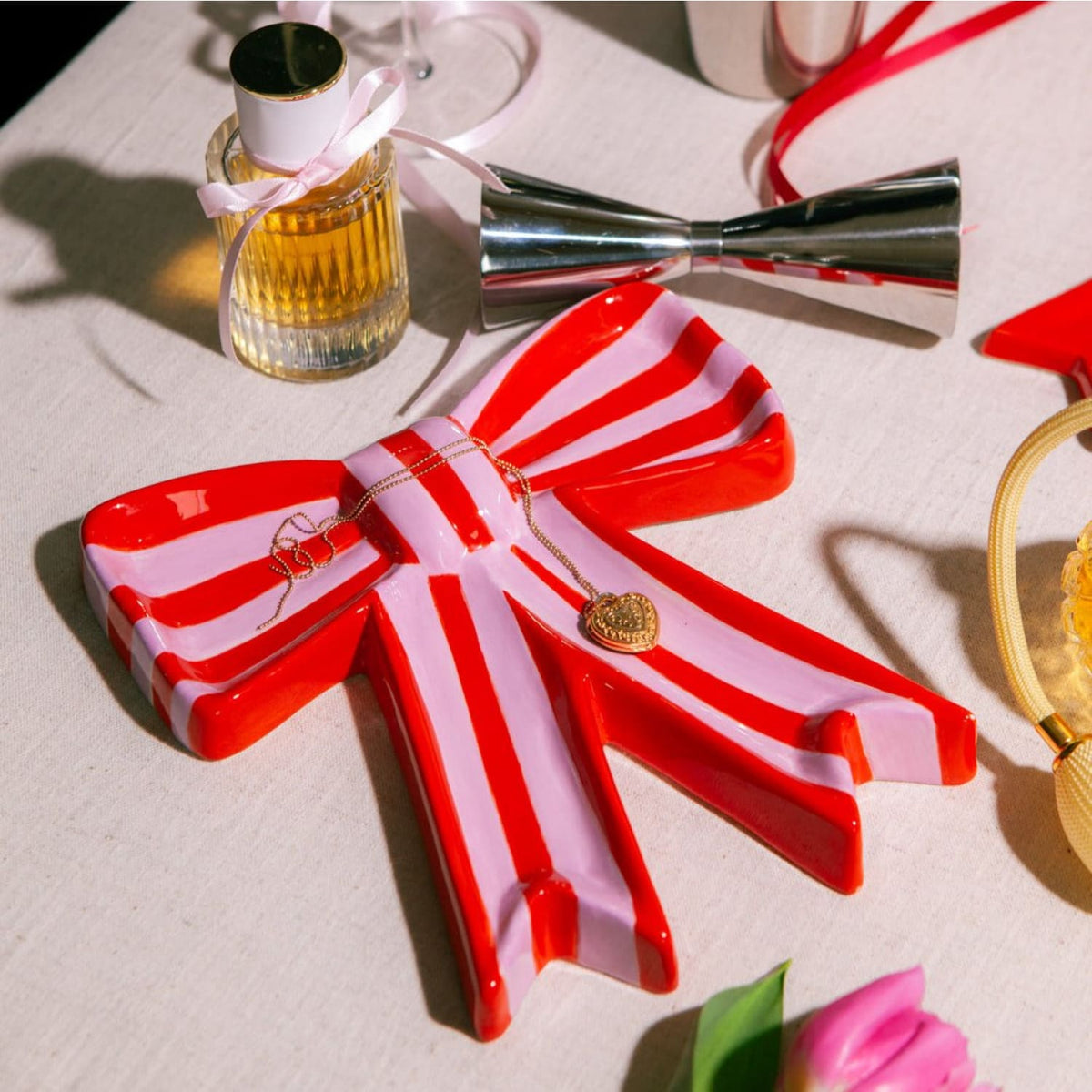 Striped Bow Trinket Tray Bow - Boxed - Catchall - Ceramic