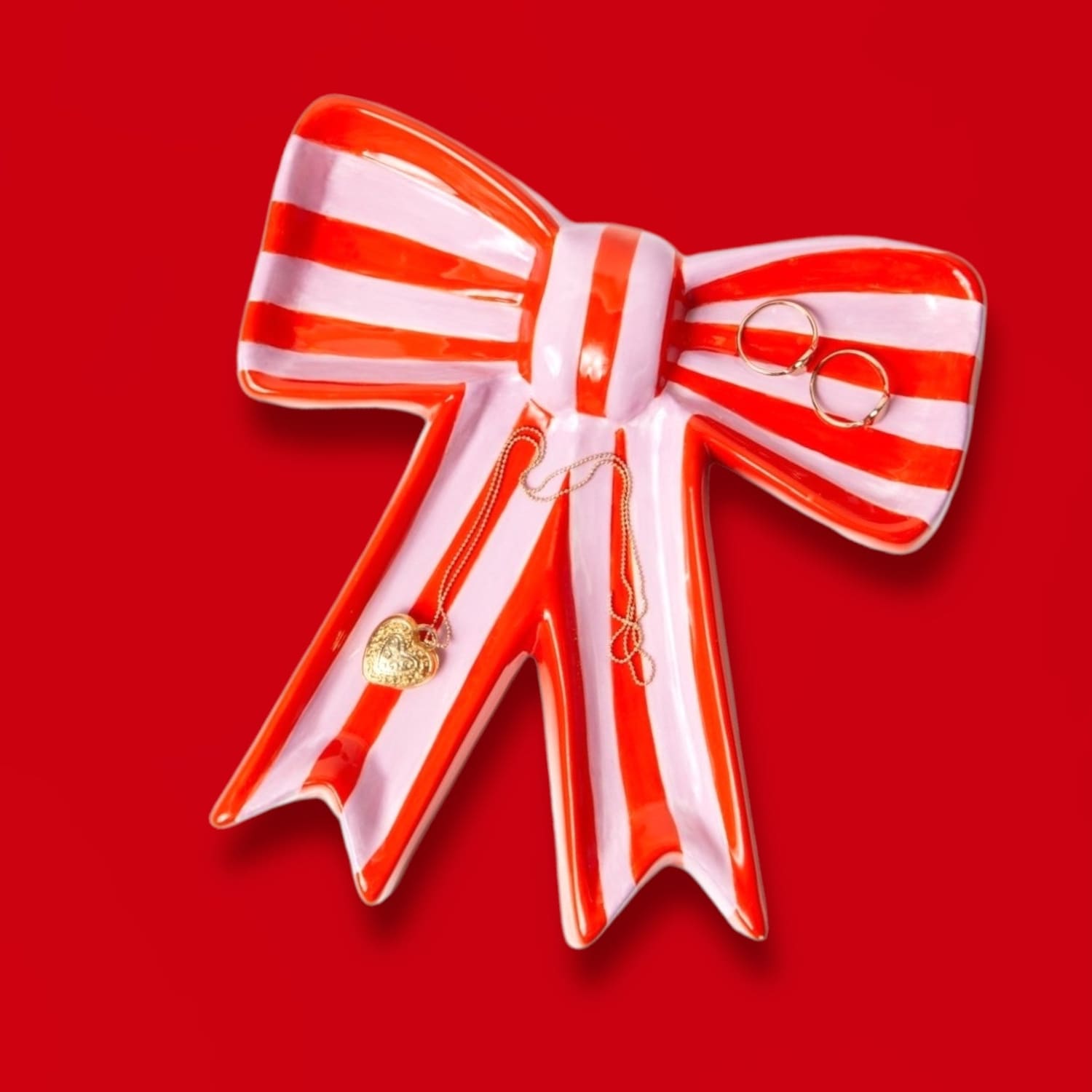 Striped Bow Trinket Tray Bow - Boxed - Ceramic - Coquette