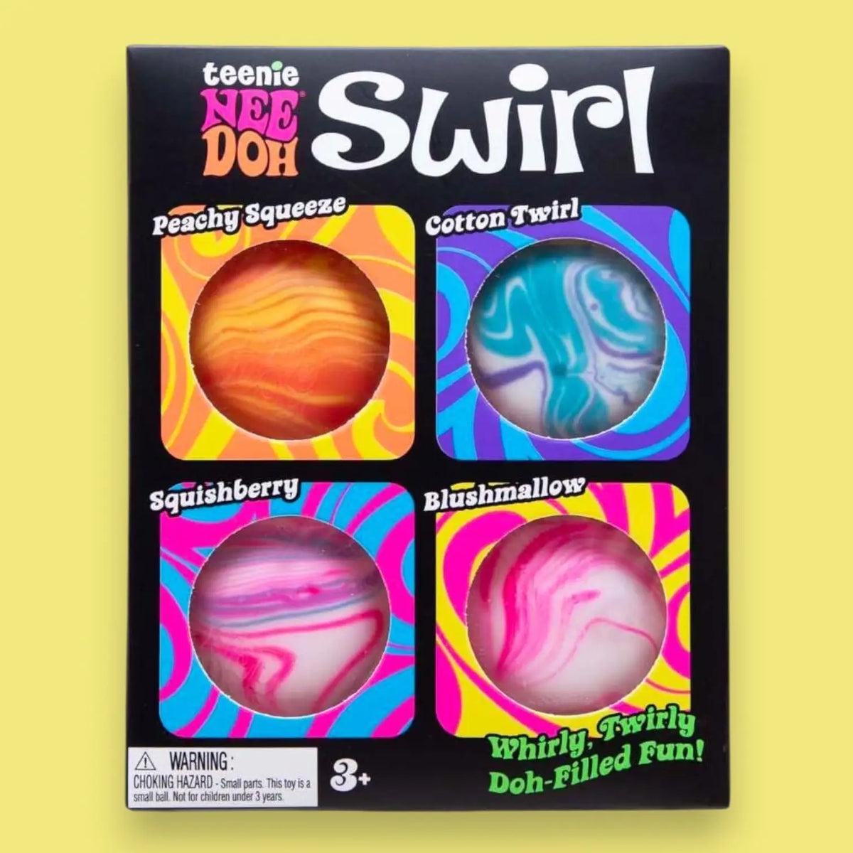 Box of Teenie Weenie Swirl squishy toys with colorful designs on a yellow background