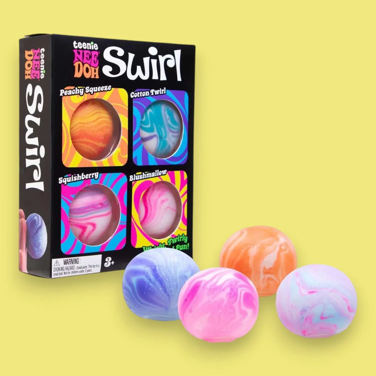 Teenie Weenie Swirl toy packaging with colorful marbled balls on a yellow background