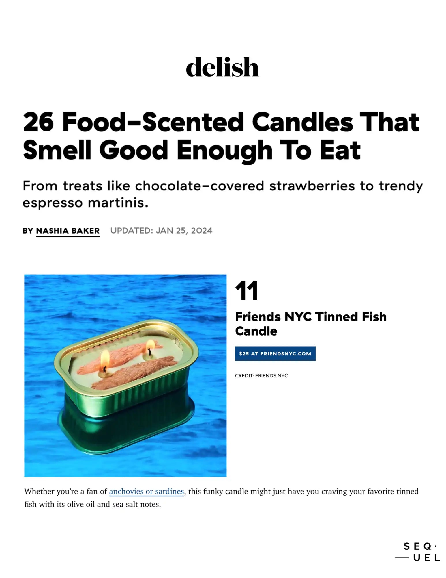 A tin of sardines-shaped candle with a metallic green container and orange-tinted wax.