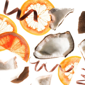 Sliced oranges and coconut pieces on a white background