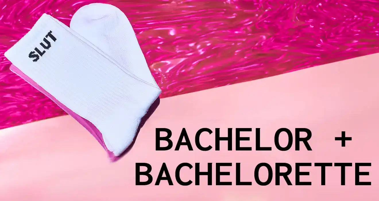 White sock with ’SLUT’ text written on it alongside text reading ’BACHELOR + BACHELORETTE’