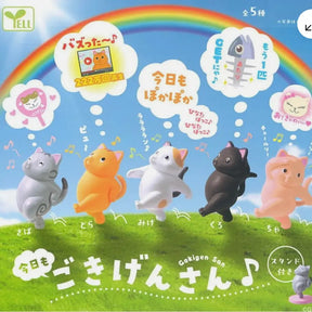 Toy figures of cats with thought bubbles and a rainbow in the background