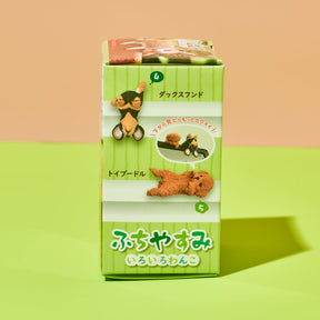 Green toy packaging with a small brown dog figure on a green and beige background