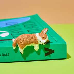 Small dog figurine on a green book with a brown background