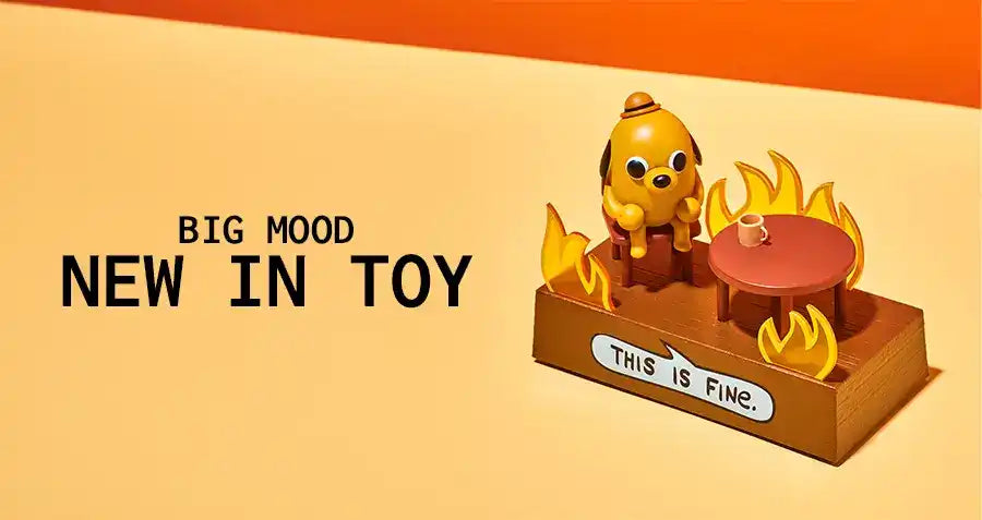 Yellow cartoon dog figure sitting on a burning wooden platform with text that reads ’This is fine’